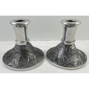 Dansk Aluminum Embossed Leaves Candlesticks 4" Set of 2 Candle Holder India